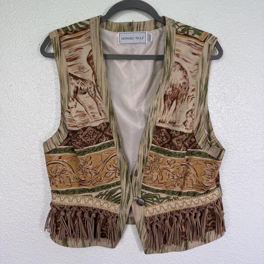 Vintage Howard Wolf Top Women 12 Safari Western Fringe Vest Lined Rayon Boho 90s